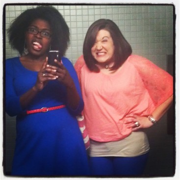 Me and Lindsey taking a selfie in my alma mater's bathroom.